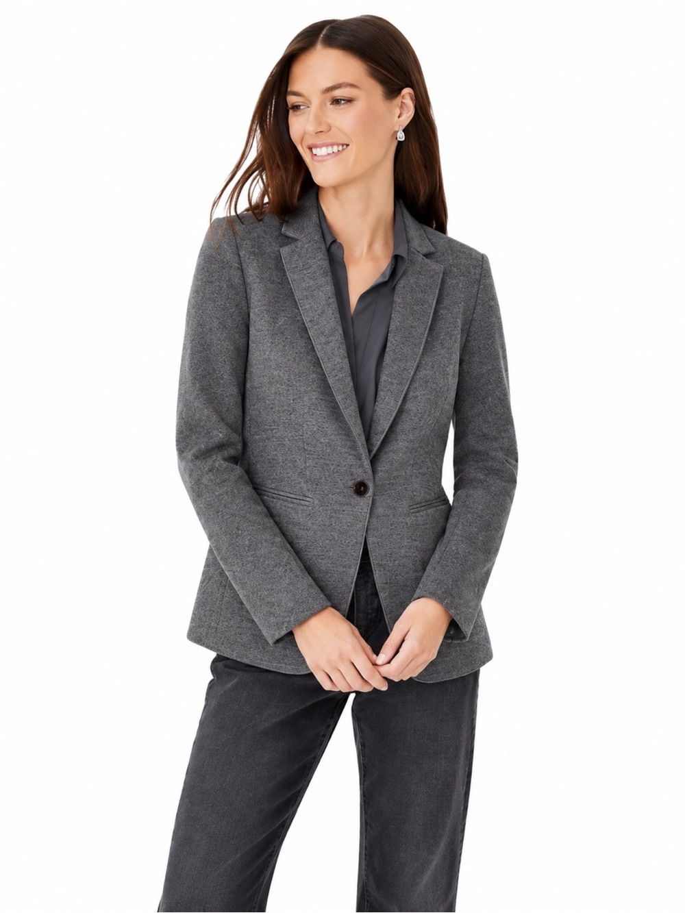 Ann Taylor Hutton Brushed Knit Wool Blend One Button Blazer 2 Heather Grey